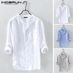 Men Shirt Cotton 3/4 Sleeve Stand Collar Harajuku Tops Solid Color