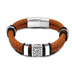 Stainless Steel Irregularly Cracked Bead Bracelet Genuine Braided Leather Male Bracelets