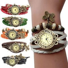 Women Retro Bracelet Wrist Watch Weave Wrap Faux Leather Butterfly