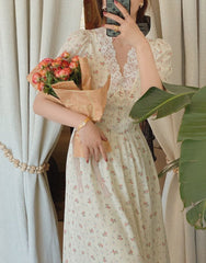 Vintage Floral Dress Women Elegant Lace Chiffon