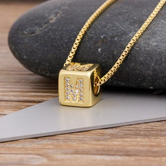 A-Z Initials Micro Pave Copper CZ Cube Letter Pendant Necklaces