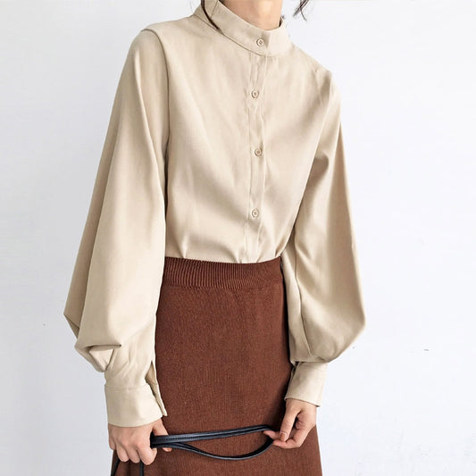 Big Lantern Sleeve Blouse Single Breasted Stand Collar Shirts