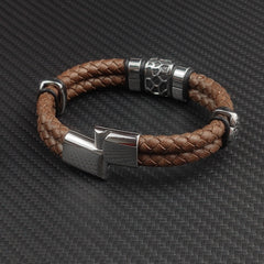 Stainless Steel Irregularly Cracked Bead Bracelet Genuine Braided Leather Male Bracelets