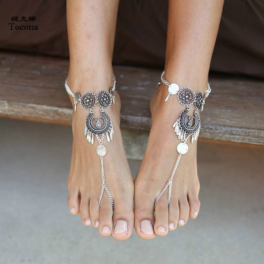 Vintage Silver Color Foot Chain Bohemian Tassel Anklets