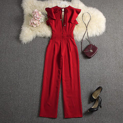 Women Deep V-neck Jumpsuits Solid Color Straight Full Length Pants