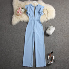 Women Deep V-neck Jumpsuits Solid Color Straight Full Length Pants