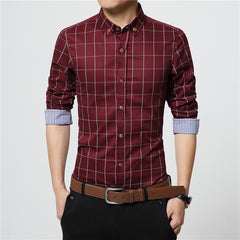 Plaid Dress Shirts Male High Quality Long Sleeve Slim Fit Business Casual