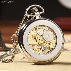 Luury Silver Skeleton Mechacnical Hand-winding Mens Pocket Watch
