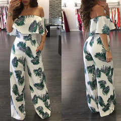 Off Shoulder Floral Print Spandex Boho Style Party Beach Jumpsuit