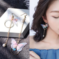 Retro Asymmetric Butterfly Imitation Pearl Earrings Fashion Round Flower