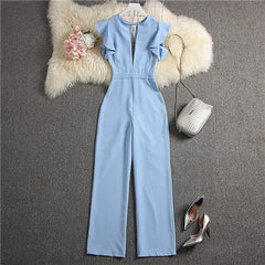 Women Deep V-neck Jumpsuits Solid Color Straight Full Length Pants