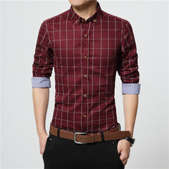 Plaid Dress Shirts Male High Quality Long Sleeve Slim Fit Business Casual