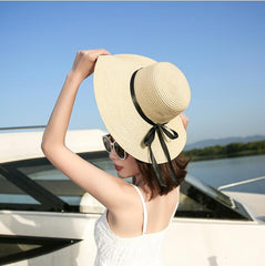 simple Foldable Wide Brim Floppy Girls Straw Hat Sun Hat Beach