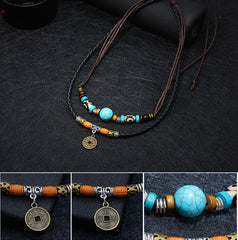 Men 2 layers Leather Rope Necklace Vintage Fashion Retro Creative