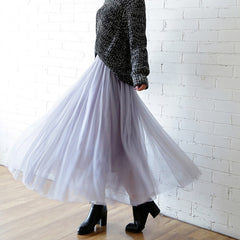 Vintage Tulle Skirt Women Elastic High Waist Mesh Skirts Long Pleated Tutu