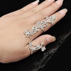 Fashion Chain Link Ring Full Rhinestone Vintage Flower Double Finger Rings