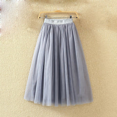 Vintage Tulle Skirt Women Elastic High Waist Mesh Skirts Long Pleated Tutu