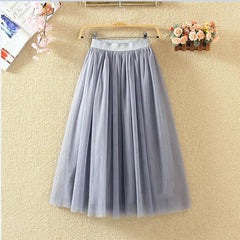 Vintage Tulle Skirt Women Elastic High Waist Mesh Skirts Long Pleated Tutu