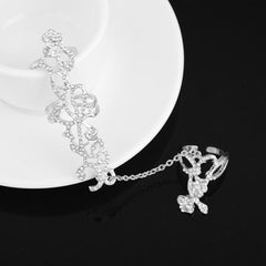 Fashion Chain Link Ring Full Rhinestone Vintage Flower Double Finger Rings