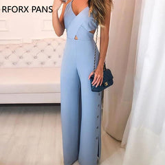 Crisscross Spaghetti Strap Button Slit Side Jumpsuit