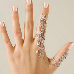 Fashion Chain Link Ring Full Rhinestone Vintage Flower Double Finger Rings