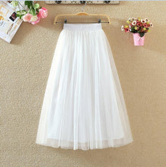 Vintage Tulle Skirt Women Elastic High Waist Mesh Skirts Long Pleated Tutu