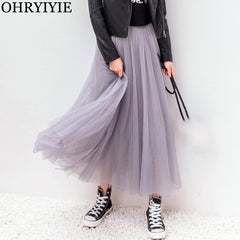 Vintage Tulle Skirt Women Elastic High Waist Mesh Skirts Long Pleated Tutu