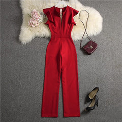 Women Deep V-neck Jumpsuits Solid Color Straight Full Length Pants