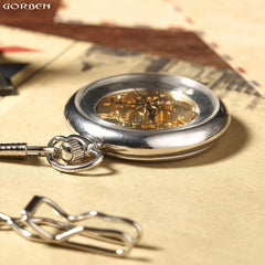 Luury Silver Skeleton Mechacnical Hand-winding Mens Pocket Watch