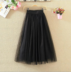 Vintage Tulle Skirt Women Elastic High Waist Mesh Skirts Long Pleated Tutu