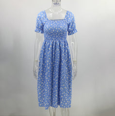 Puff Short Sleeve Women Summer Midi Dress Vintage