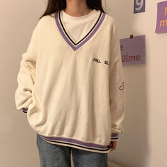 Sweaters Women Ulzzang Letter Chic Vintage V-neck Daily Oversize