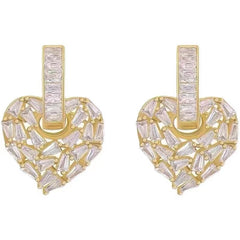 Multi Wearing Method Luxury Zircon Inlaid Peach Heart Pendant Gold Earrings