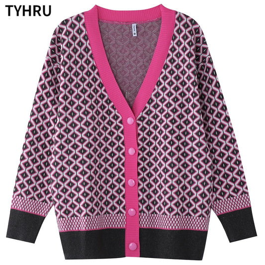 Knitting Sweater Color Matching Diamond Lattice Single-Breasted Loose Casual Knitted Cardigan