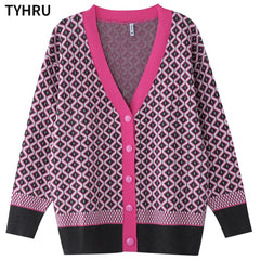 Knitting Sweater Color Matching Diamond Lattice Single-Breasted Loose Casual Knitted Cardigan