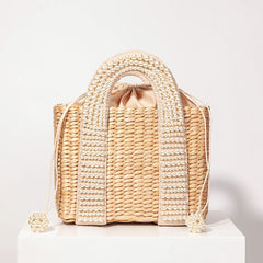 Pearls Beach Bag Women Elegant Woven Beaded Straw Bag