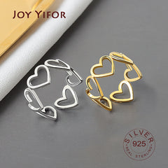 925 Sterling Silver Geometric heart hollowout Adjustable Ring Minimalist