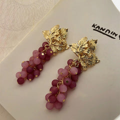 Vintage Purple Crystal Grape Leaf Earrings Sweet Reflective Smooth Irregular