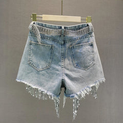 Elegant Shorts Lady Tassel Beading High Waist Wide Leg Denim Shorts