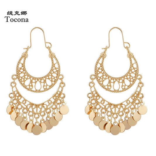 Wafer Tassel Drop Earrings for Women Hollow Geometric Punk Alloy Metal