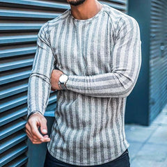 T-shirt Long Sleeve Slim Top Cotton Blend Stripe Plaid Print Male Pullover Sweater