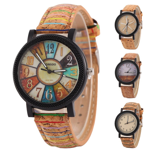 Flower Surface Wood Grain Leather Watch