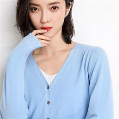 Solid V-Neck Women Cardigan Knitted Sweater Single Breasted Loose