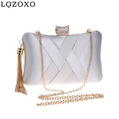 Tassel Golden Women Clutch Bags Diamonds Satin Criss Cross Chain Shoulder