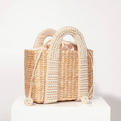 Pearls Beach Bag Women Elegant Woven Beaded Straw Bag