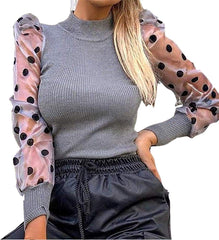 Mesh Puff Long Sleeve Ribbed Knitted Shirt Loose Casual Polka Dots