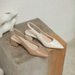 Pointed Toe Back Strap Slingback Women Pumps Genuine Leather Square Heel