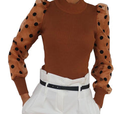 Mesh Puff Long Sleeve Ribbed Knitted Shirt Loose Casual Polka Dots