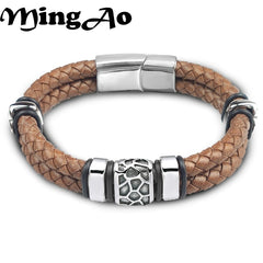 Stainless Steel Irregularly Cracked Bead Bracelet Genuine Braided Leather Male Bracelets