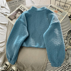 Women Hoodie Lamb Wool Short Half High Collar Sweatshirt